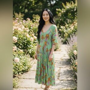 Anthropologie Kimono Dress Anupamaa Raine Green Tropical Floral Size 10 Elegant